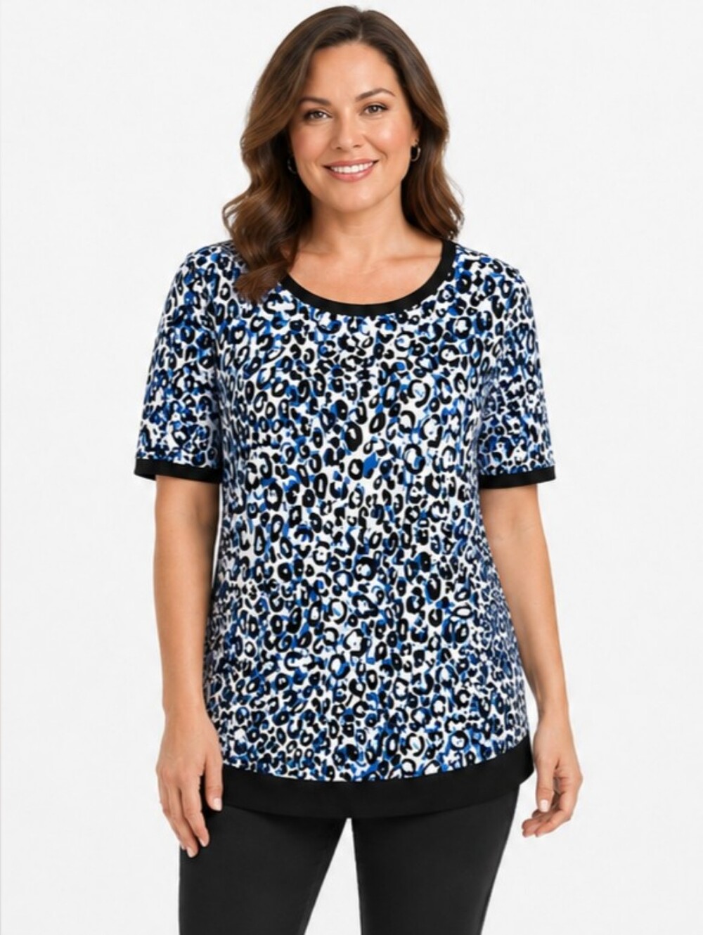 Kasper Blue, Black, & White Leopard Print Short Sleeve Top with Black Trim Sz XL